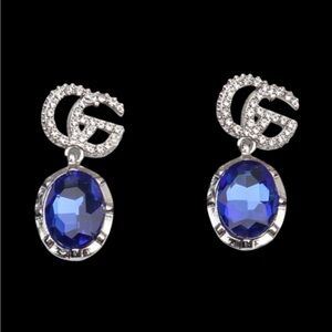 BLUE AND SILVER DROP EARRINGS W RHINESTONE GG IN DESIGNER POUCH.